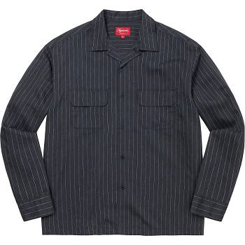 Supreme Pinstripe Linen Skjorte Marineblå | NO219NB